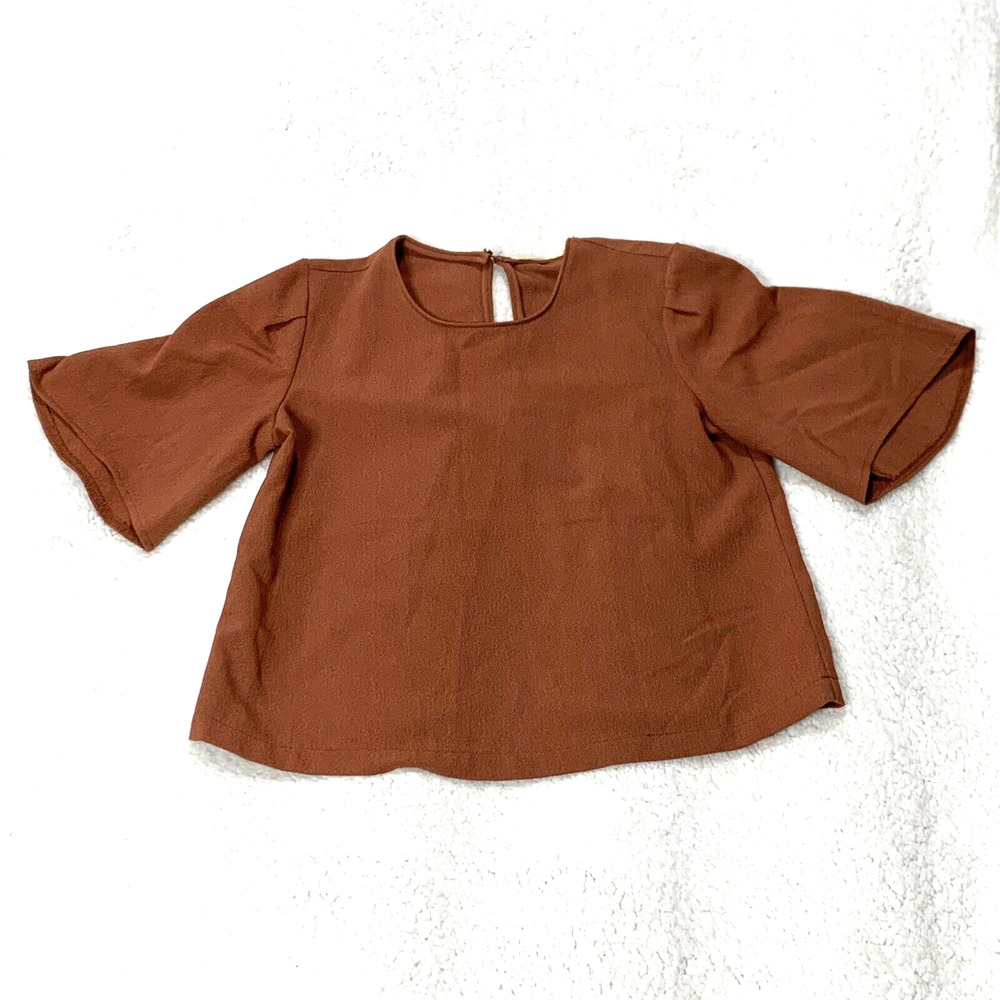 Elodie Top Womens XSmall Brown Cropped Short Bell Sleeves Pullover Eyelet Button